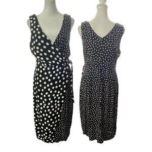 BRAVISSIMO Curvy Polka Dot Faux Wrap Dress V Neck Sleeveless Black White 10